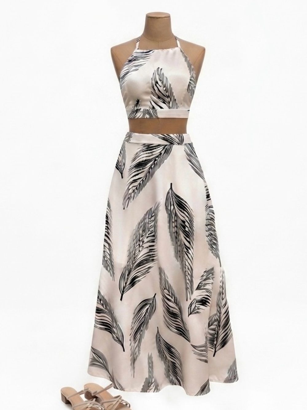 Vacation Tropical Leaf Print Two-Piece Maxi Skirt & Crop Halter Top Set